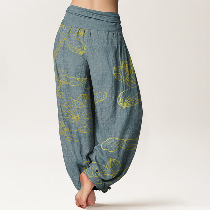 Buddha Stones Damen-Haremshose aus reiner Baumwolle mit goldenem Lotus-Mandala-Muster und elastischer Taille
