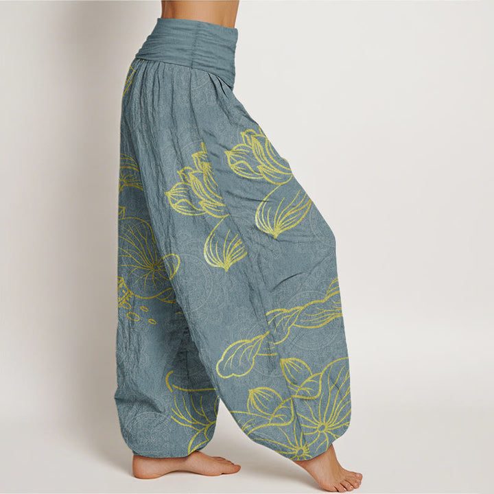 Buddha Stones Damen-Haremshose aus reiner Baumwolle mit goldenem Lotus-Mandala-Muster und elastischer Taille
