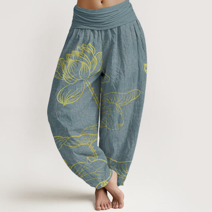 Buddha Stones Damen-Haremshose aus reiner Baumwolle mit goldenem Lotus-Mandala-Muster und elastischer Taille