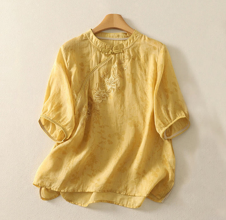 Buddha Stones Stickerei Frosch-Knopf Mandarin Kragen Baumwolle Damen Halbarm Hemd - Gold - US14, UK/AU18,EU46 (2XL) - image 7