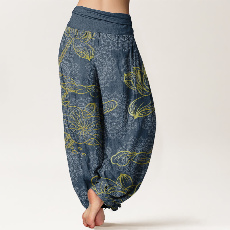 Buddha Stones Damen-Haremshose aus reiner Baumwolle mit goldenem Lotus-Mandala-Muster und elastischer Taille