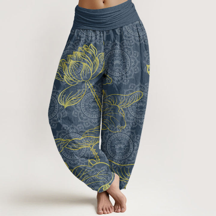 Buddha Stones Damen-Haremshose aus reiner Baumwolle mit goldenem Lotus-Mandala-Muster und elastischer Taille