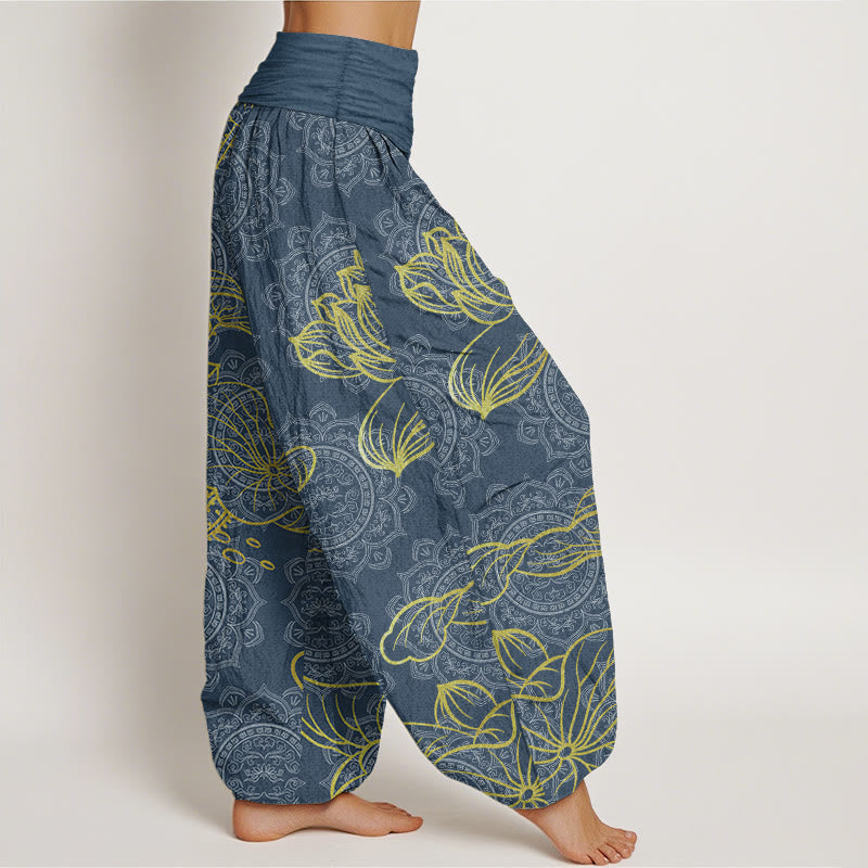 Buddha Stones Damen-Haremshose aus reiner Baumwolle mit goldenem Lotus-Mandala-Muster und elastischer Taille