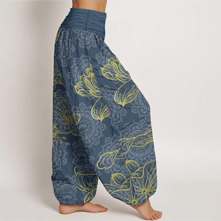 Buddha Stones Damen-Haremshose aus reiner Baumwolle mit goldenem Lotus-Mandala-Muster und elastischer Taille