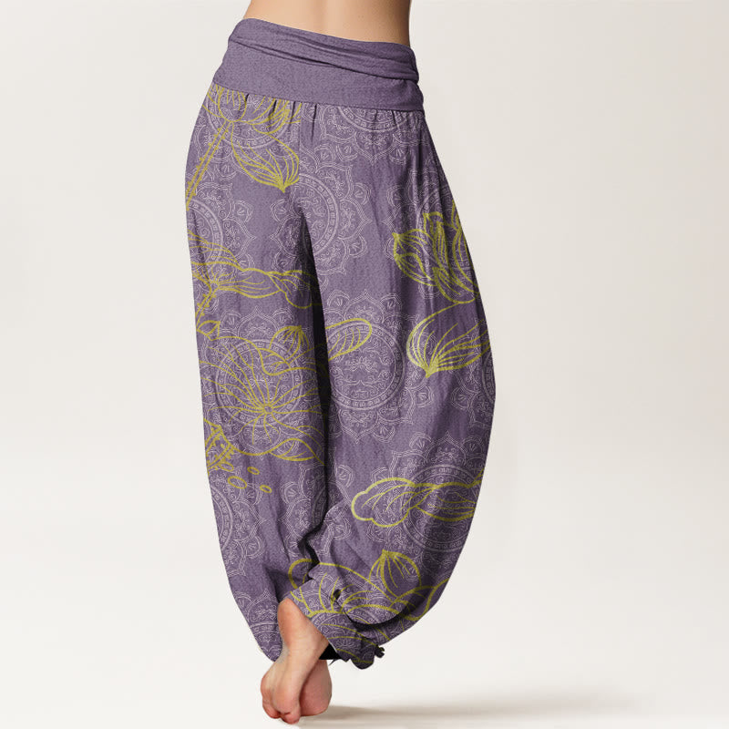 Buddha Stones Damen-Haremshose aus reiner Baumwolle mit goldenem Lotus-Mandala-Muster und elastischer Taille