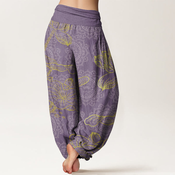 Buddha Stones Damen-Haremshose aus reiner Baumwolle mit goldenem Lotus-Mandala-Muster und elastischer Taille