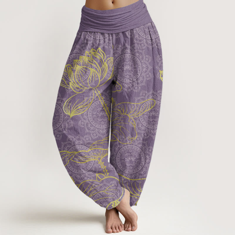 Buddha Stones Damen-Haremshose aus reiner Baumwolle mit goldenem Lotus-Mandala-Muster und elastischer Taille