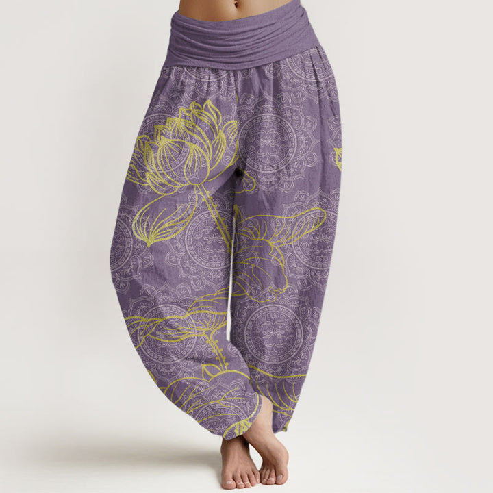 Buddha Stones Damen-Haremshose aus reiner Baumwolle mit goldenem Lotus-Mandala-Muster und elastischer Taille