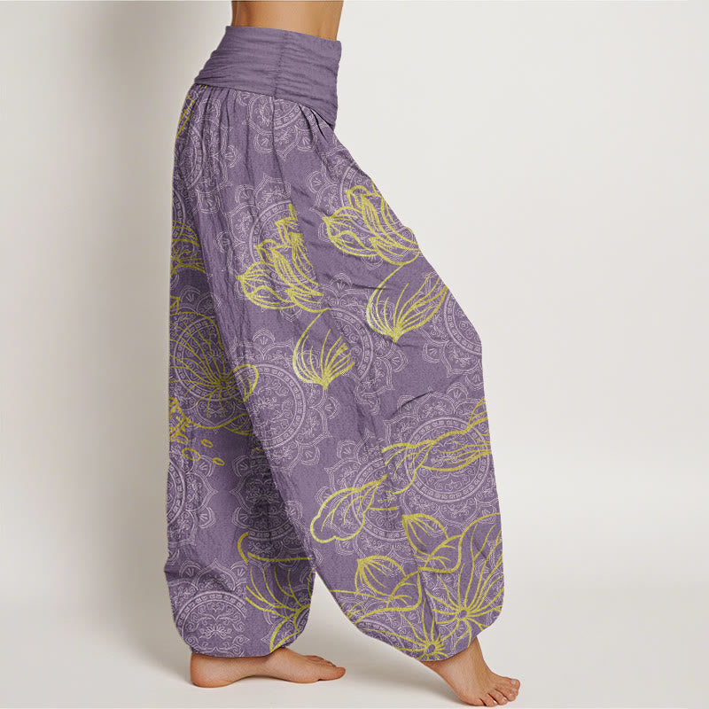 Buddha Stones Damen-Haremshose aus reiner Baumwolle mit goldenem Lotus-Mandala-Muster und elastischer Taille