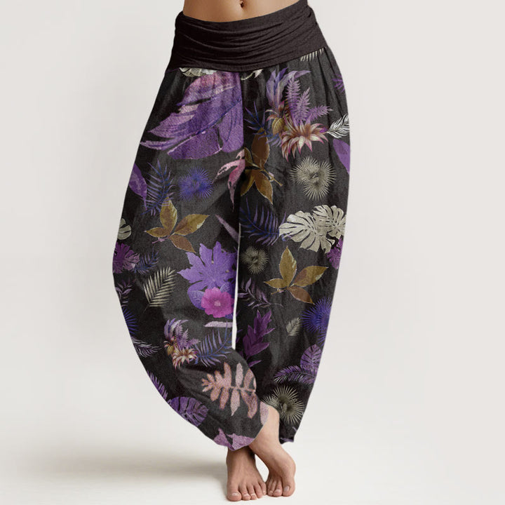 Buddha Stones Damen-Haremshose aus reiner Baumwolle mit buntem tropischem Laub und elastischer Taille