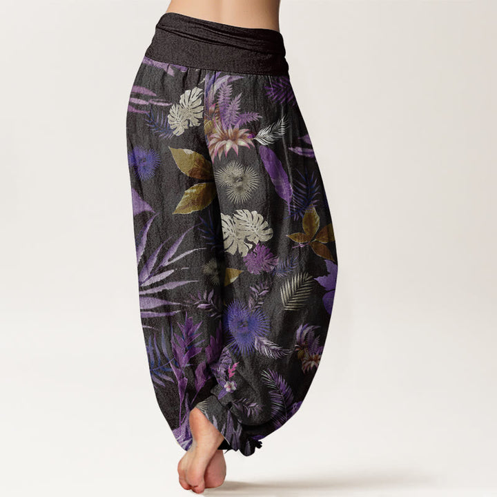Buddha Stones Damen-Haremshose aus reiner Baumwolle mit buntem tropischem Laub und elastischer Taille