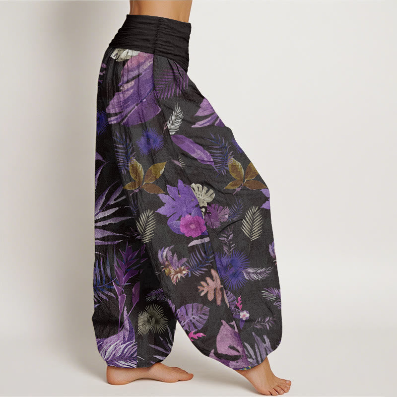 Buddha Stones Damen-Haremshose aus reiner Baumwolle mit buntem tropischem Laub und elastischer Taille