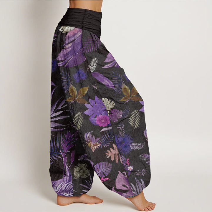 Buddha Stones Damen-Haremshose aus reiner Baumwolle mit buntem tropischem Laub und elastischer Taille