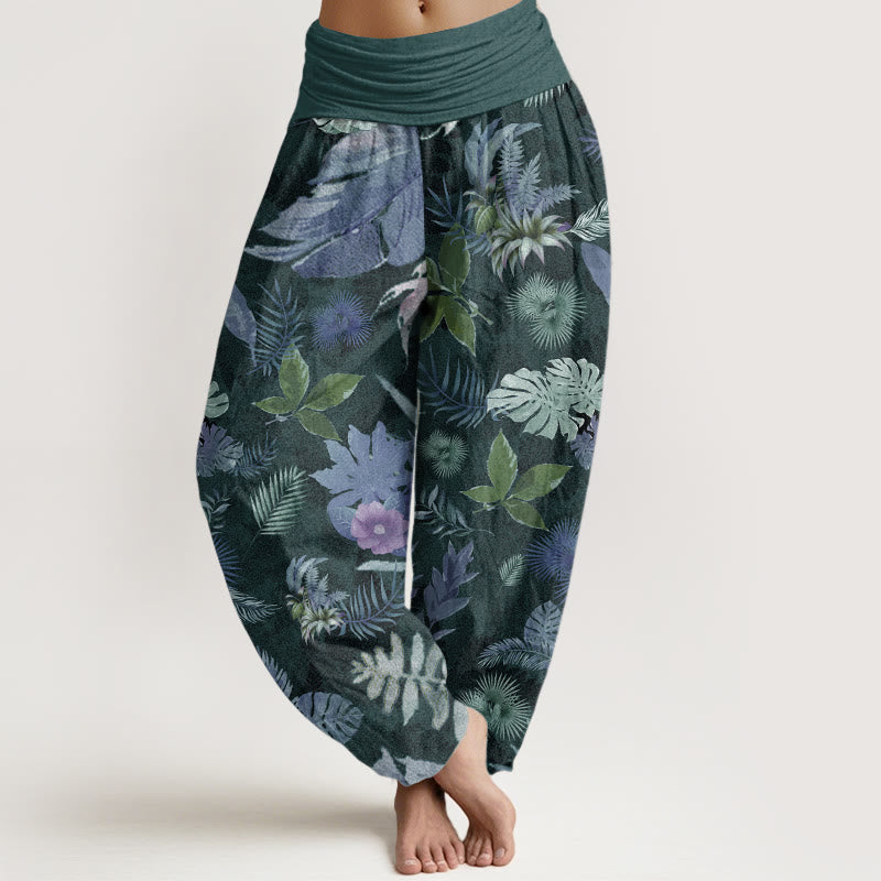Buddha Stones Damen-Haremshose aus reiner Baumwolle mit buntem tropischem Laub und elastischer Taille