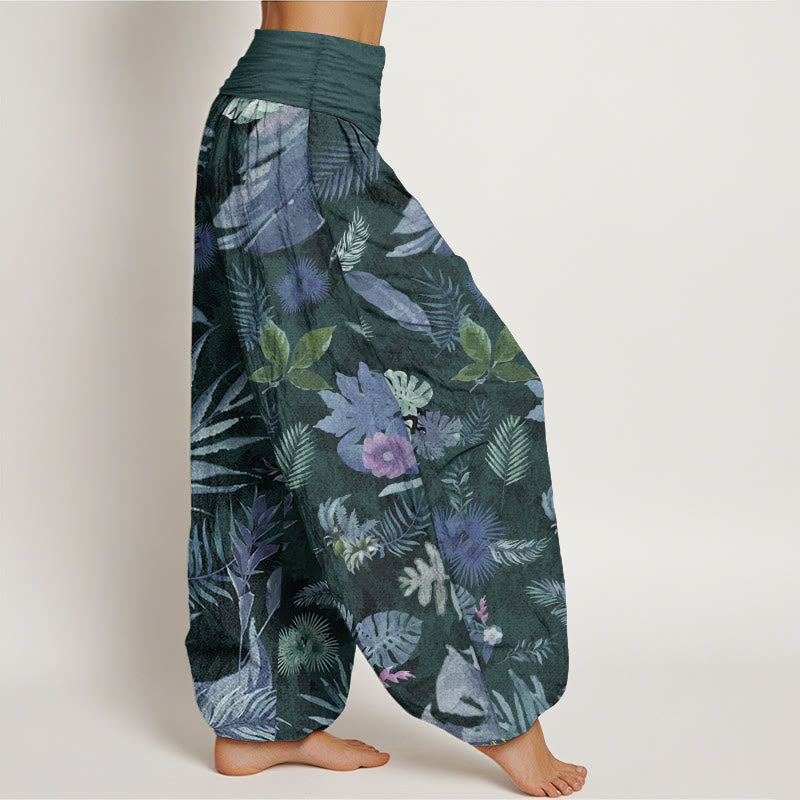 Buddha Stones Damen-Haremshose aus reiner Baumwolle mit buntem tropischem Laub und elastischer Taille