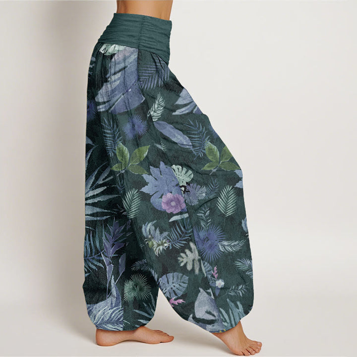 Buddha Stones Damen-Haremshose aus reiner Baumwolle mit buntem tropischem Laub und elastischer Taille