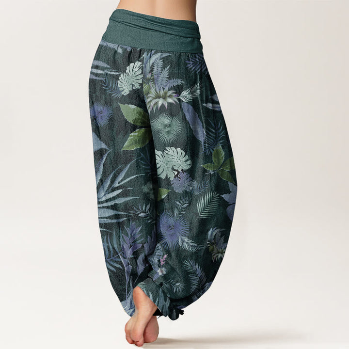 Buddha Stones Damen-Haremshose aus reiner Baumwolle mit buntem tropischem Laub und elastischer Taille