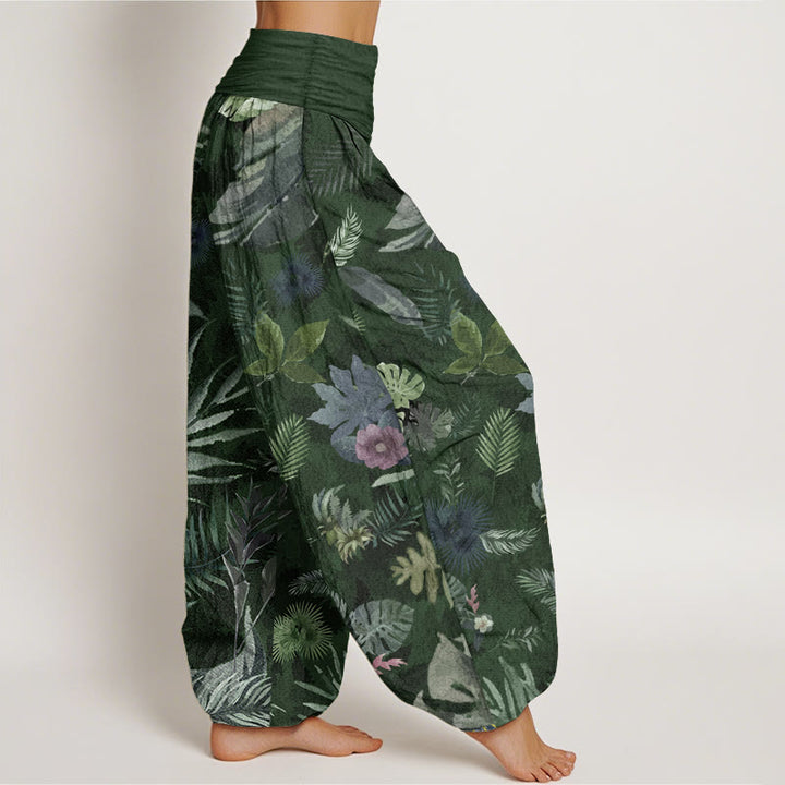 Buddha Stones Damen-Haremshose aus reiner Baumwolle mit buntem tropischem Laub und elastischer Taille