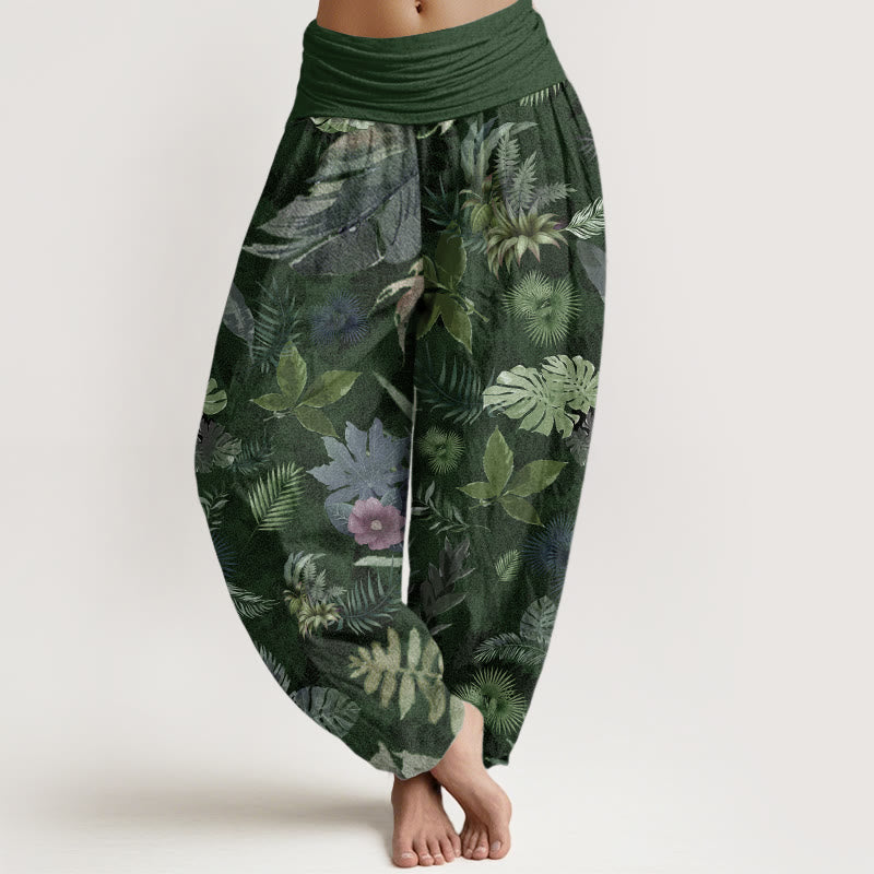 Buddha Stones Damen-Haremshose aus reiner Baumwolle mit buntem tropischem Laub und elastischer Taille