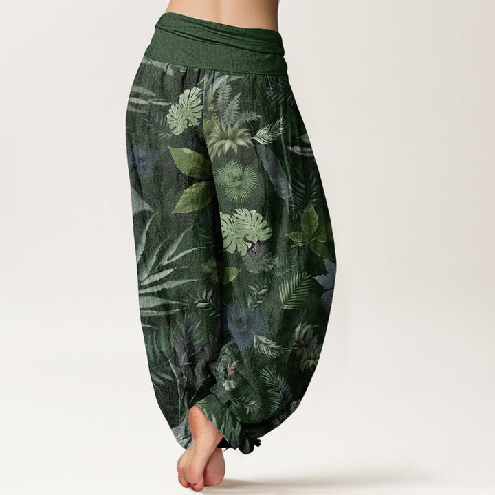 Buddha Stones Damen-Haremshose aus reiner Baumwolle mit buntem tropischem Laub und elastischer Taille