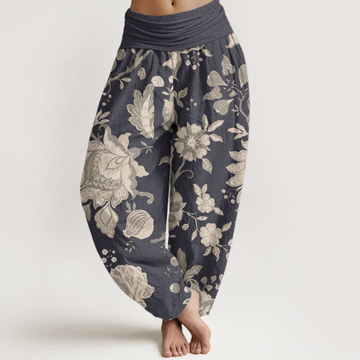Buddha Stones Damen Haremshose aus reiner Baumwolle mit elastischer Taille und Pfingstrose