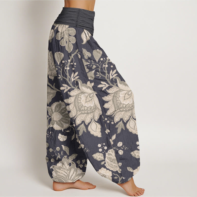 Buddha Stones Damen Haremshose aus reiner Baumwolle mit elastischer Taille und Pfingstrose