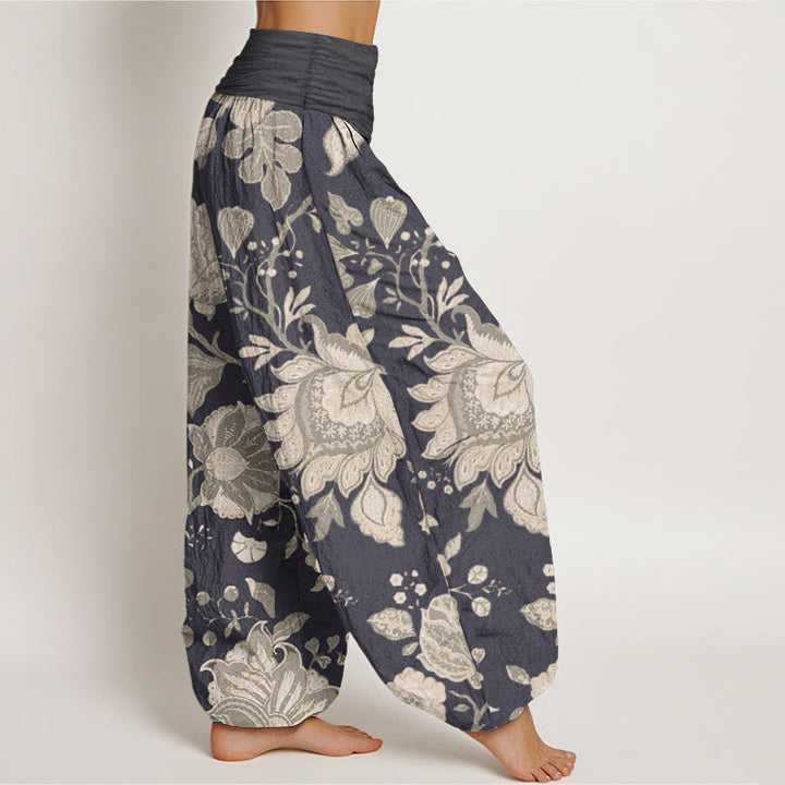 Buddha Stones Damen Haremshose aus reiner Baumwolle mit elastischer Taille und Pfingstrose