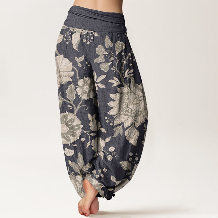 Buddha Stones Damen Haremshose aus reiner Baumwolle mit elastischer Taille und Pfingstrose