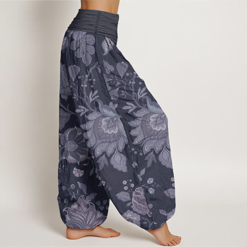 Buddha Stones Damen Haremshose aus reiner Baumwolle mit elastischer Taille und Pfingstrose