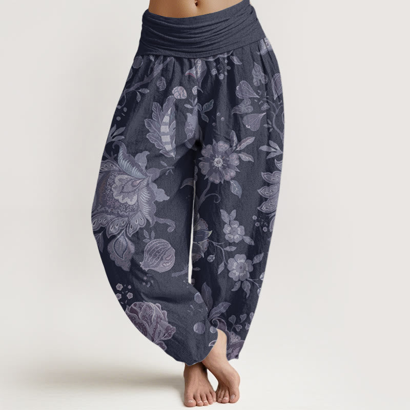 Buddha Stones Damen Haremshose aus reiner Baumwolle mit elastischer Taille und Pfingstrose