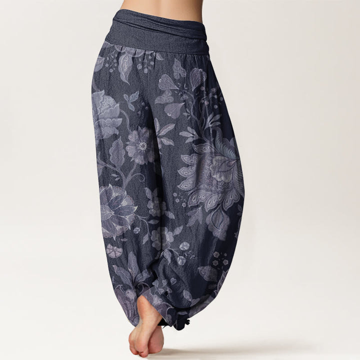 Buddha Stones Damen Haremshose aus reiner Baumwolle mit elastischer Taille und Pfingstrose