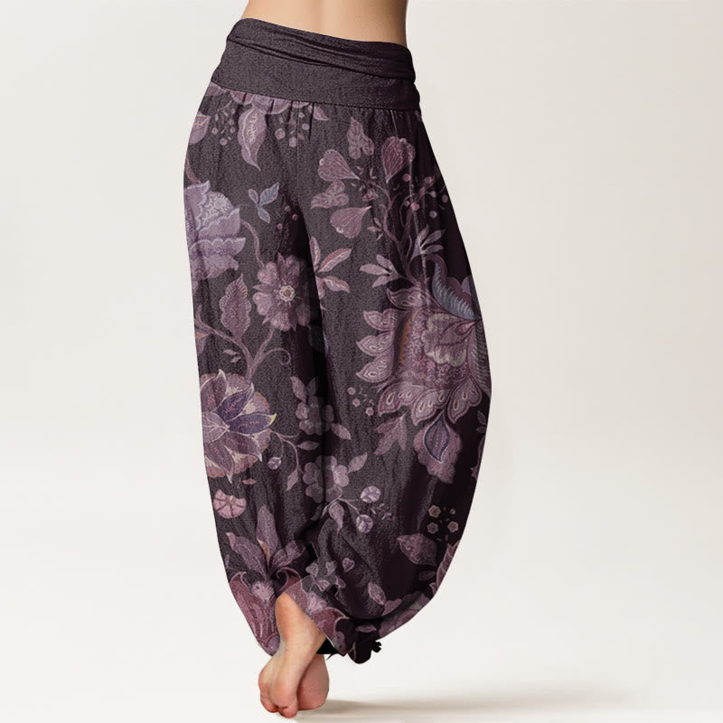 Buddha Stones Damen Haremshose aus reiner Baumwolle mit elastischer Taille und Pfingstrose
