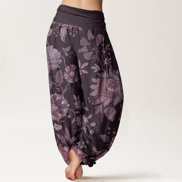 Buddha Stones Damen Haremshose aus reiner Baumwolle mit elastischer Taille und Pfingstrose