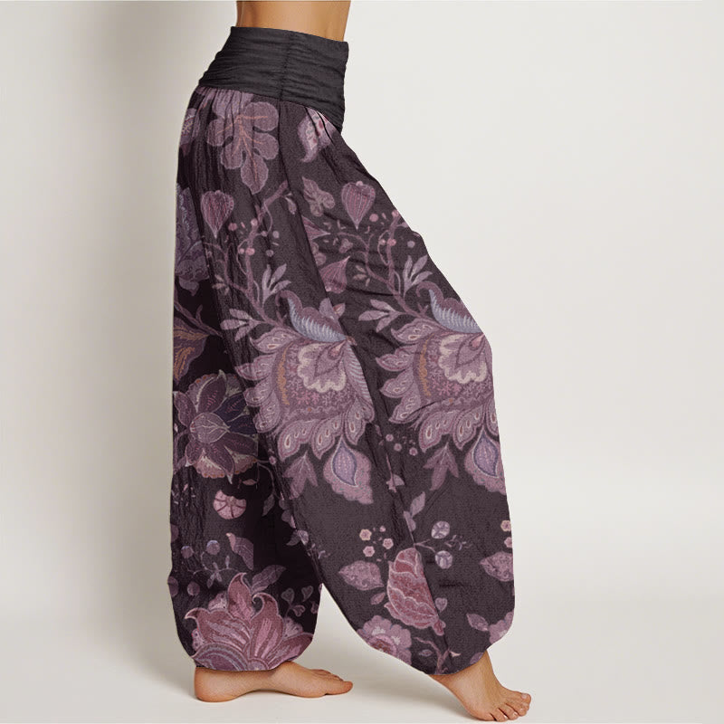 Buddha Stones Damen Haremshose aus reiner Baumwolle mit elastischer Taille und Pfingstrose