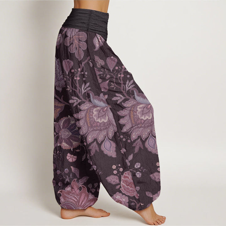 Buddha Stones Damen Haremshose aus reiner Baumwolle mit elastischer Taille und Pfingstrose