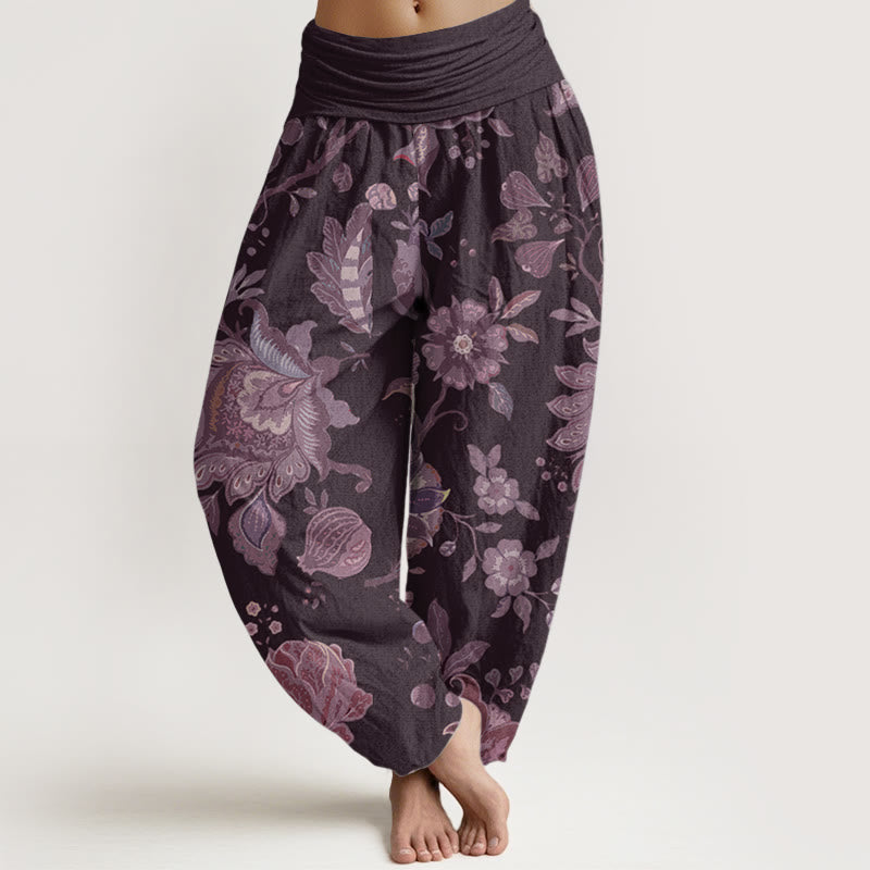 Buddha Stones Damen Haremshose aus reiner Baumwolle mit elastischer Taille und Pfingstrose