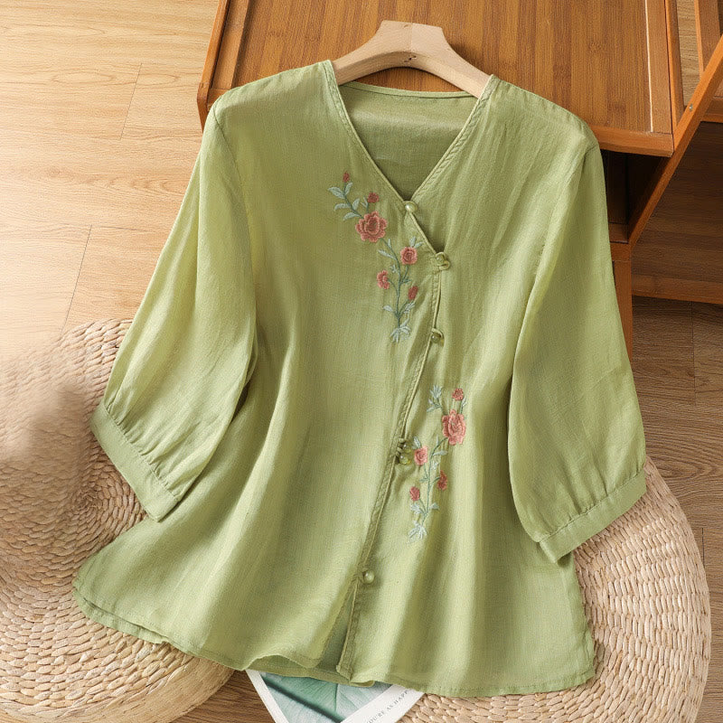 Buddha Stones bestickte Blumen Baumwolle Damen V-Ausschnitt Shirt - GelbGrün - US12, UK/AU16,EU44 (2XL) - image 8