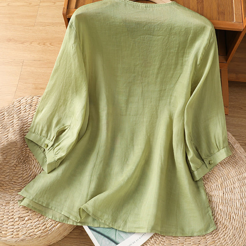 Buddha Stones bestickte Blumen Baumwolle Damen V-Ausschnitt Shirt - image 10