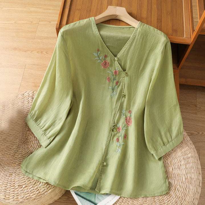 Buddha Stones bestickte Blumen Baumwolle Damen V-Ausschnitt Shirt - Gelbgrün - US12, UK/AU16, EU44 (2XL) - image 7
