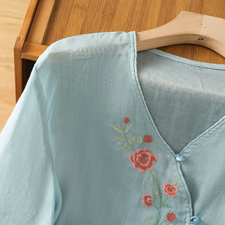 Buddha Stones bestickte Blumen Baumwolle Damen V-Ausschnitt Shirt - image 7
