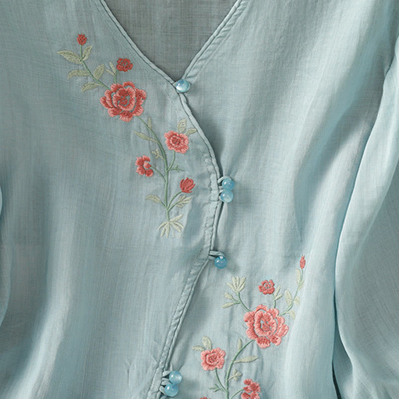 Buddha Stones bestickte Blumen Baumwolle Damen V-Ausschnitt Shirt - image 6