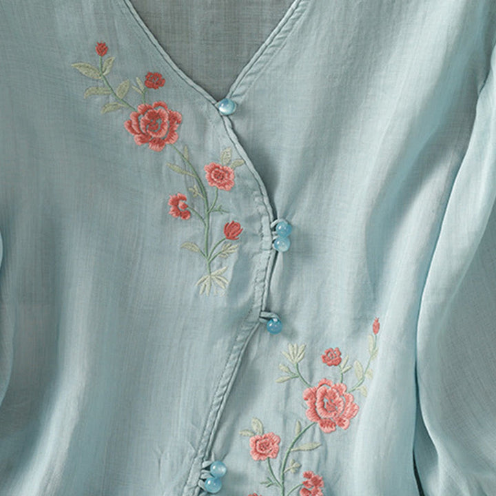 Damen-Shirt mit V-Ausschnitt und Buddha Stones -Stickerei sowie Blumenstickerei - image 5