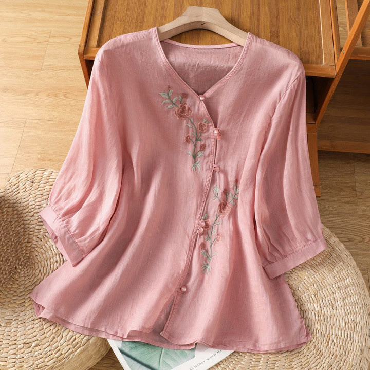 Buddha Stones bestickte Blumen Baumwolle Damen V-Ausschnitt Shirt - Hellrosa - US12, UK/AU16,EU44 (2XL) - image 14