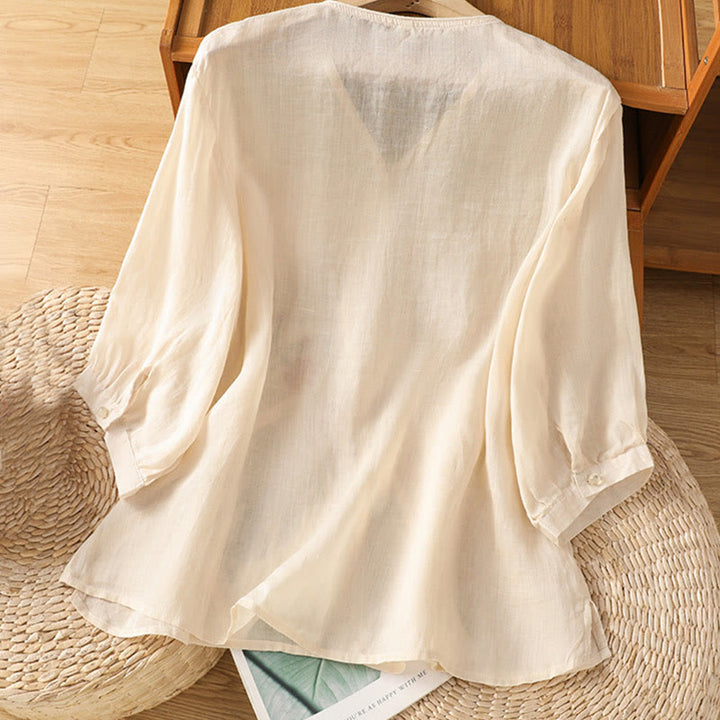 Buddha Stones bestickte Blumen Baumwolle Damen V-Ausschnitt Shirt - image 3