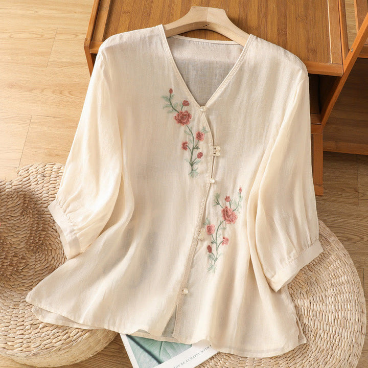 Buddha Stones bestickte Blumen Baumwolle Damen V-Ausschnitt Shirt - Papaya-Sahne - US12, UK/AU16, EU44 (2XL) - image 0