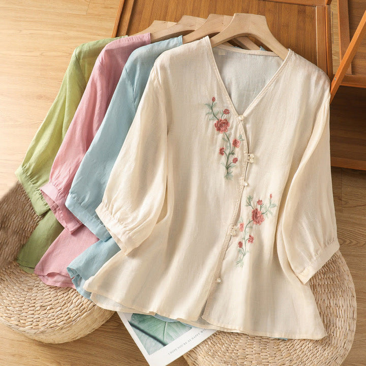 Buddha Stones bestickte Blumen Baumwolle Damen V-Ausschnitt Shirt - image 19