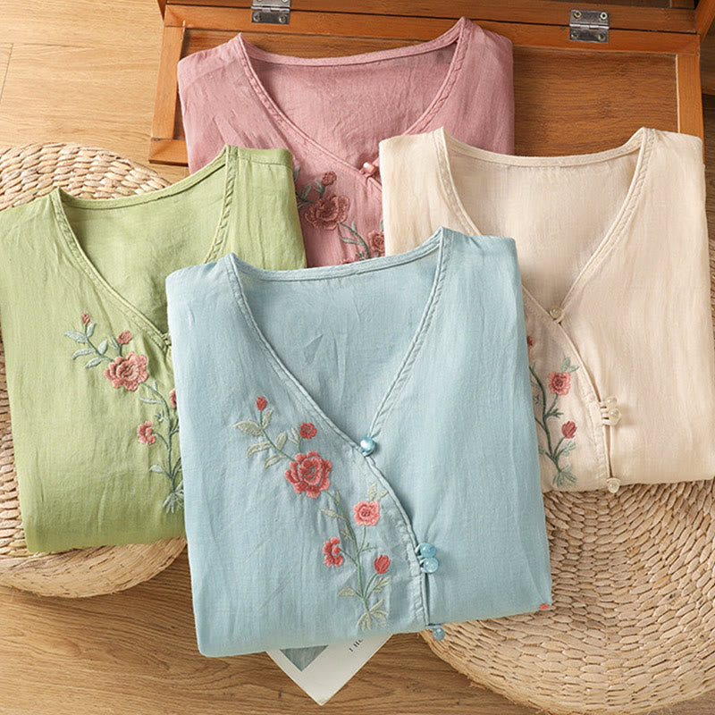 Buddha Stones bestickte Blumen Baumwolle Damen V-Ausschnitt Shirt - image 19