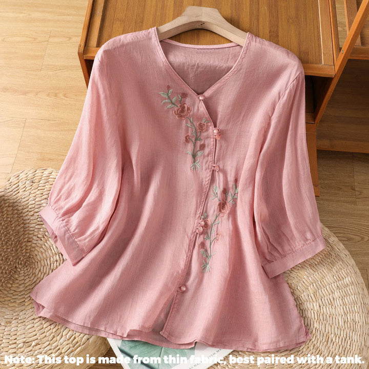Damen-Shirt mit V-Ausschnitt und Buddha Stones -Stickerei sowie Blumenstickerei - image 14