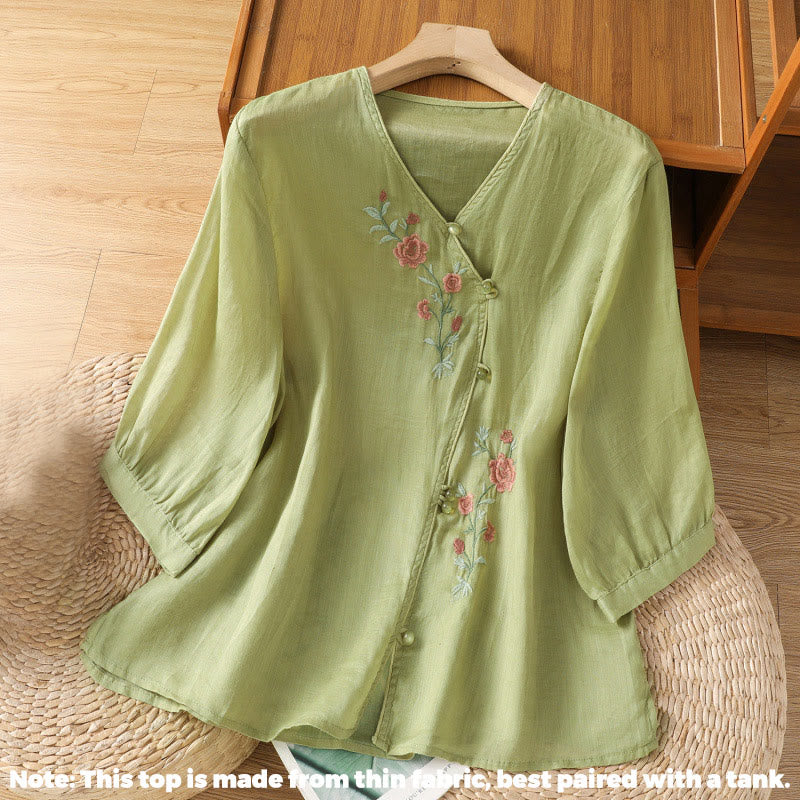 Buddha Stones bestickte Blumen Baumwolle Damen V-Ausschnitt Shirt - image 9