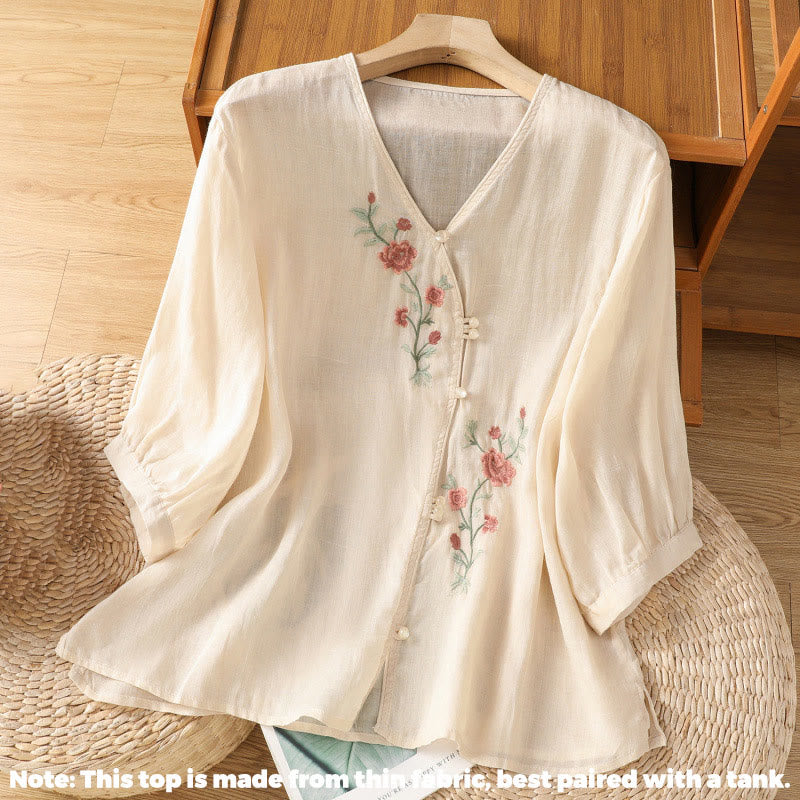Buddha Stones bestickte Blumen Baumwolle Damen V-Ausschnitt Shirt - image 2